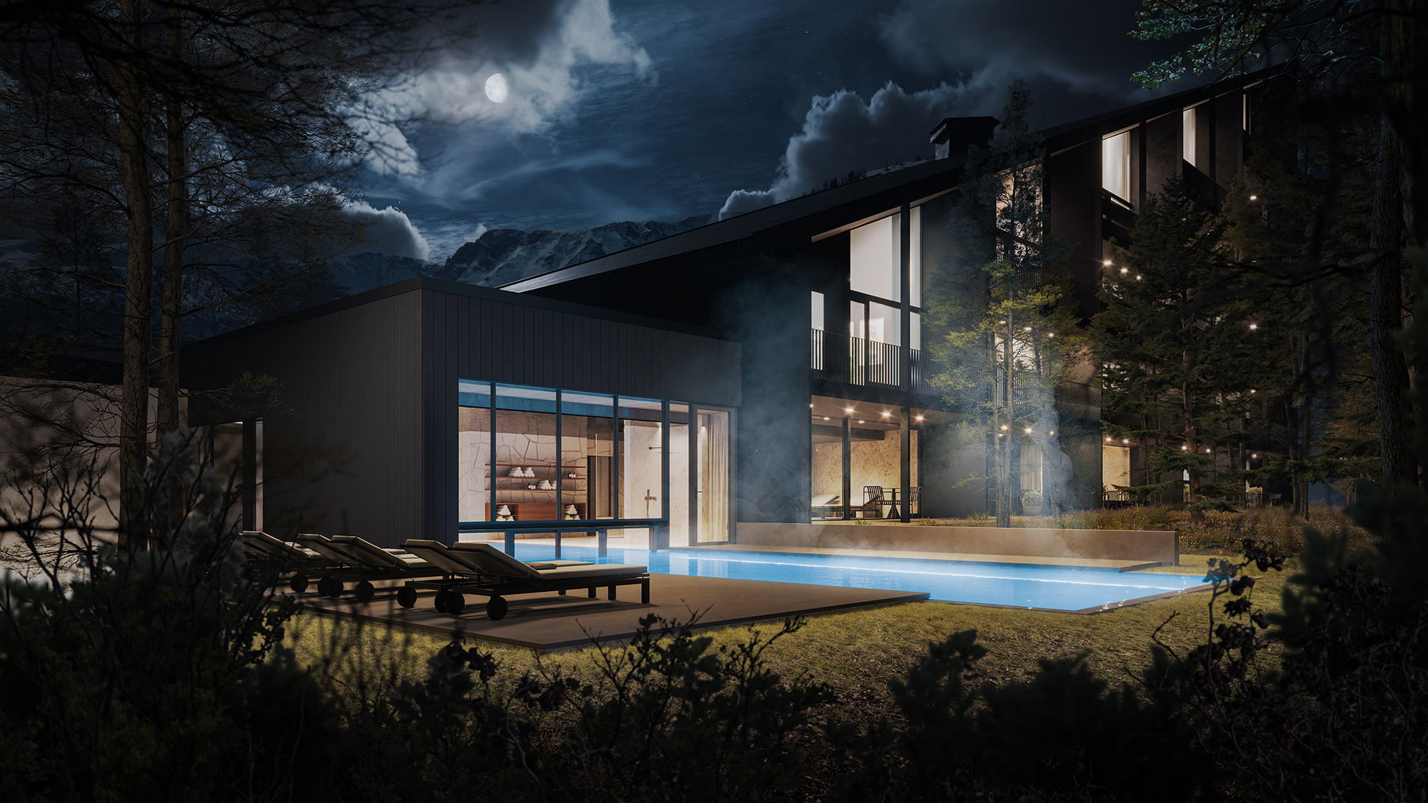 Exterior 3D visualization of a luxury hotel in Austria