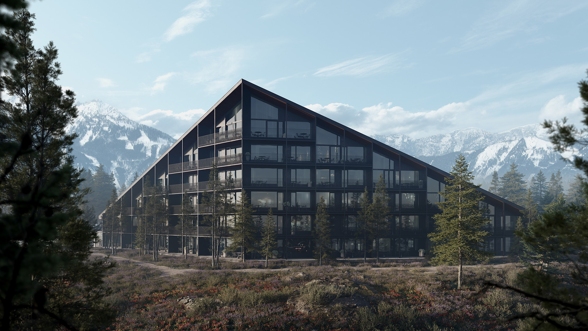 Exterior 3D rendering of a luxury hotel in Austria