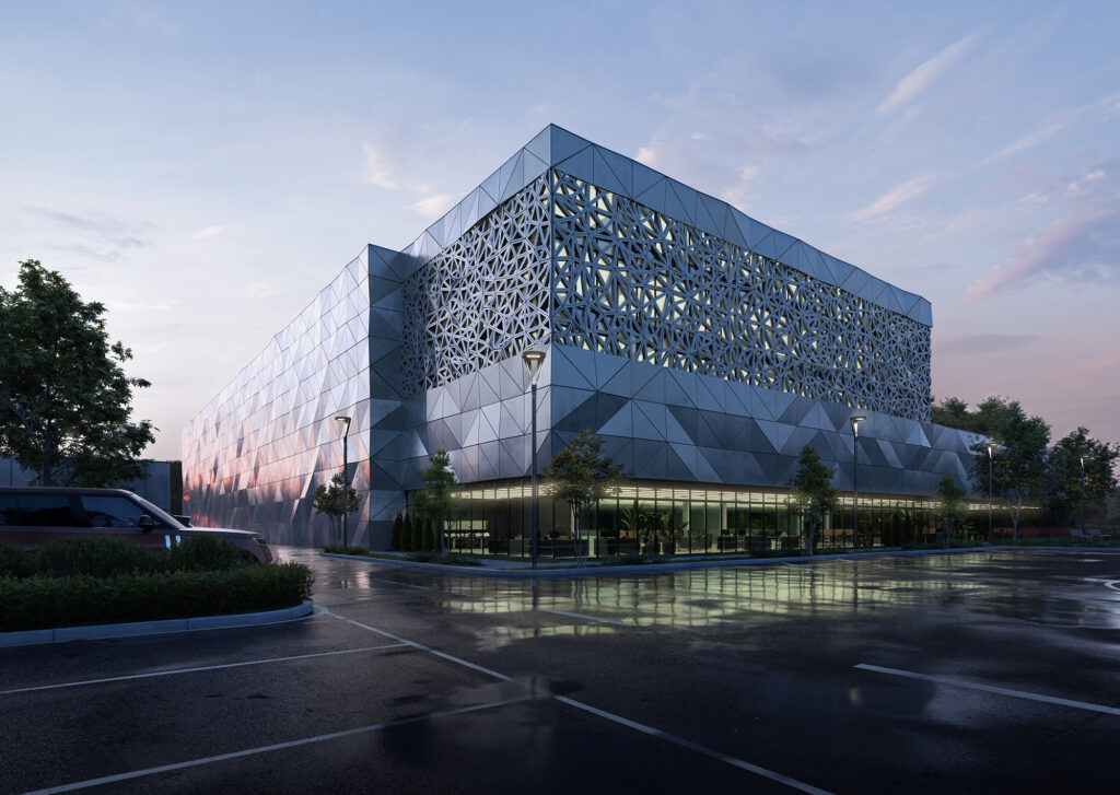 3D exterior rendering of modern data center building in London with geometric facade and evening lighting
