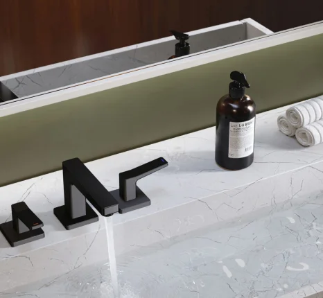 3D product rendering of luxury bathroom faucet on marble countertop with dark bottle and soft lighting