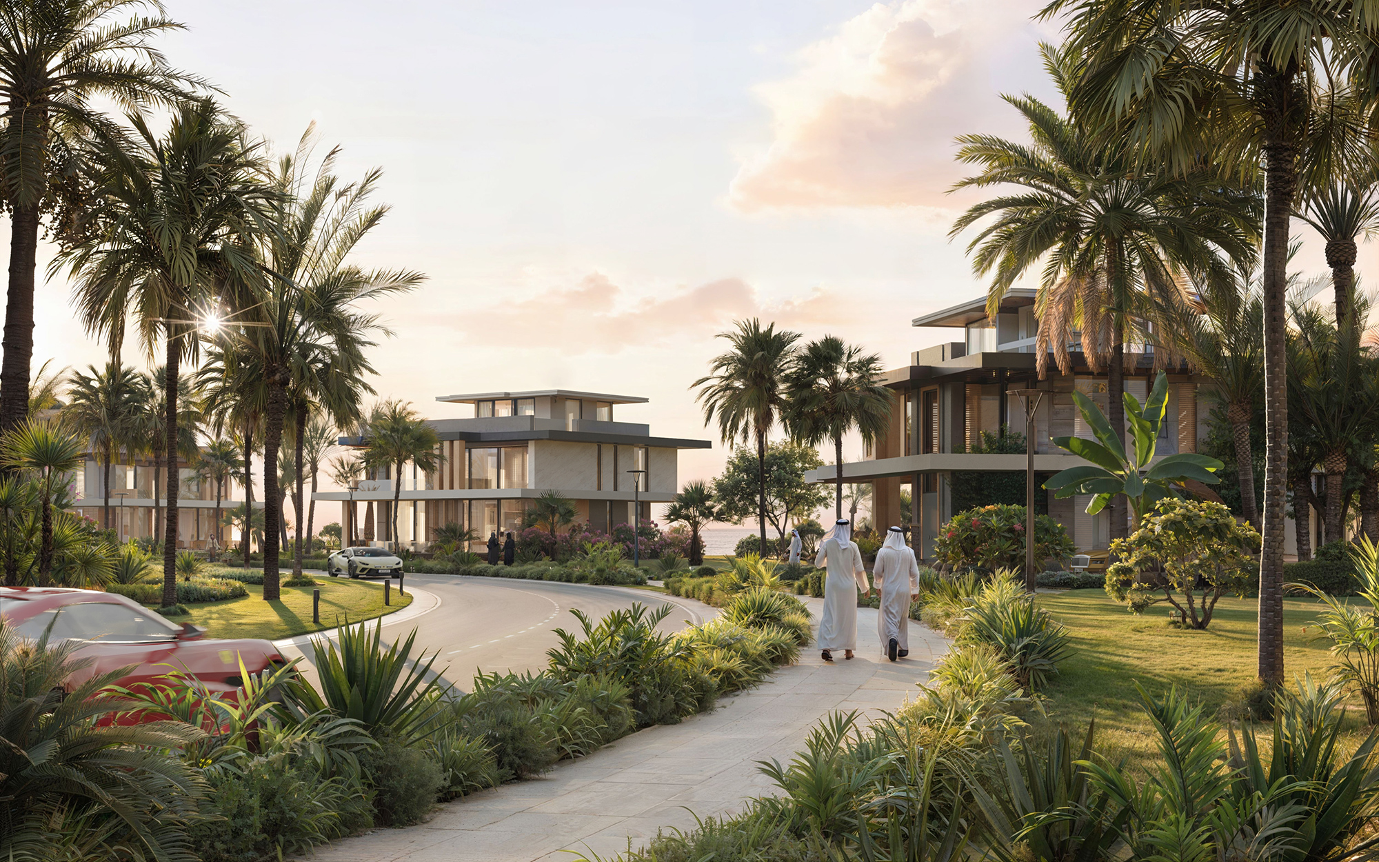 3D exterior rendering of modern luxury villas in Dubai surrounded by palm trees and sunset light
