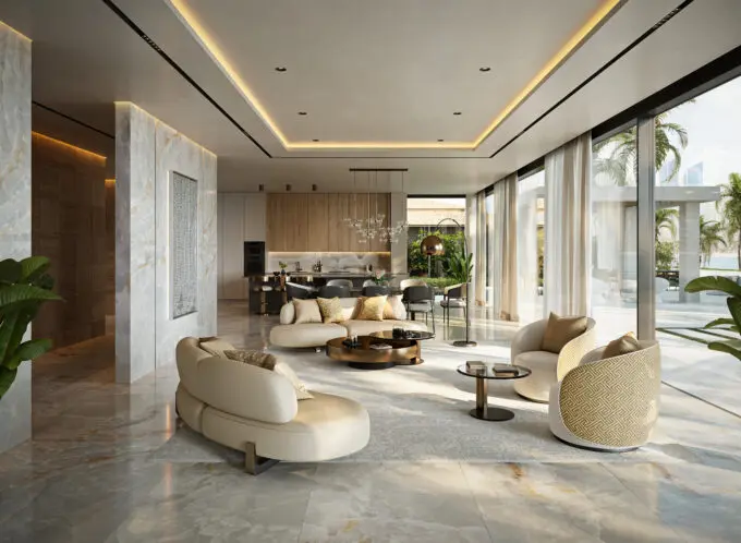 3D interior rendering of luxury living room in Dubai with modern furniture and marble flooring
