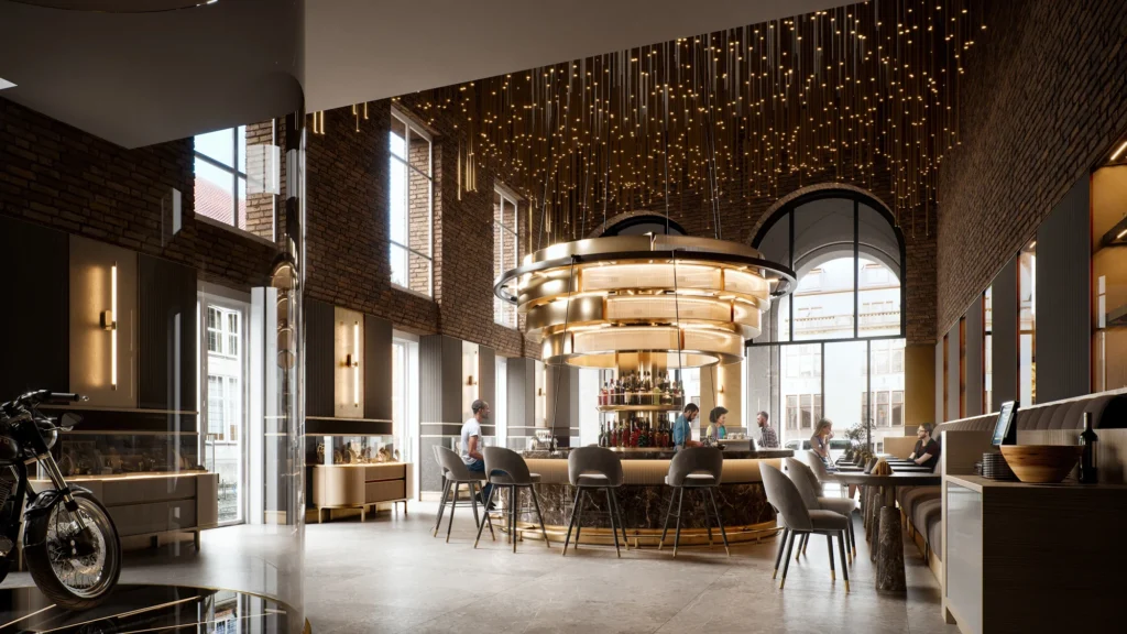 3D interior rendering of modern bar with golden chandelier, brick walls, luxury seating and ambient lighting