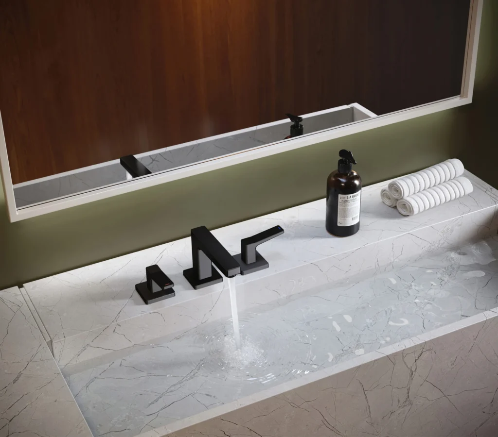 3D product rendering of Dornbracht faucet on marble sink with water flow and modern bathroom decor