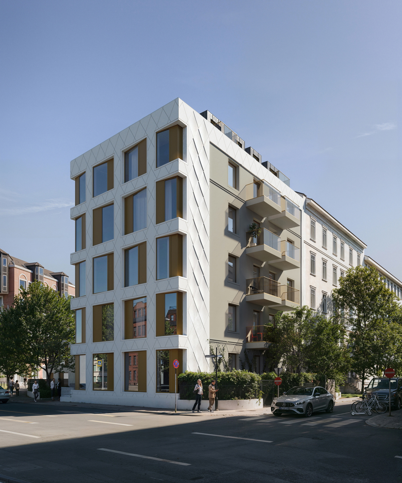 Photorealistic 3D rendering of a contemporary residential building on a sunlit Frankfurt corner, highlighting material and ambient realism.