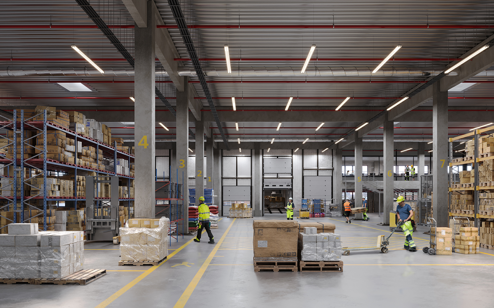 Expansive warehouse interior featuring tall racking, textured pallets, and dynamic lighting highlighting industrial finishes.