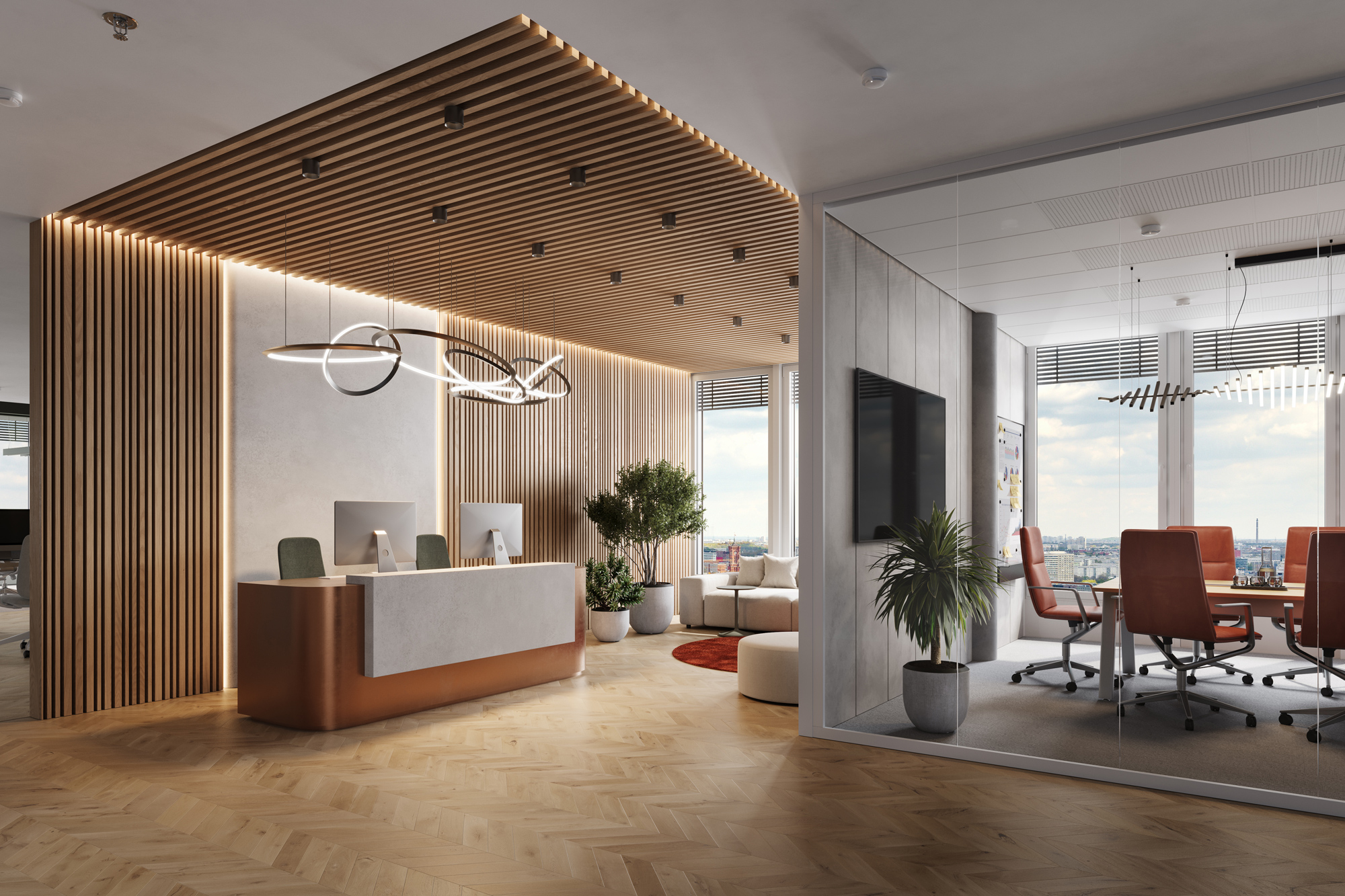 Reception with dual desks, lush greenery, refined ceiling fixtures, and glass-walled conference space; soft daylight enhances material textures.