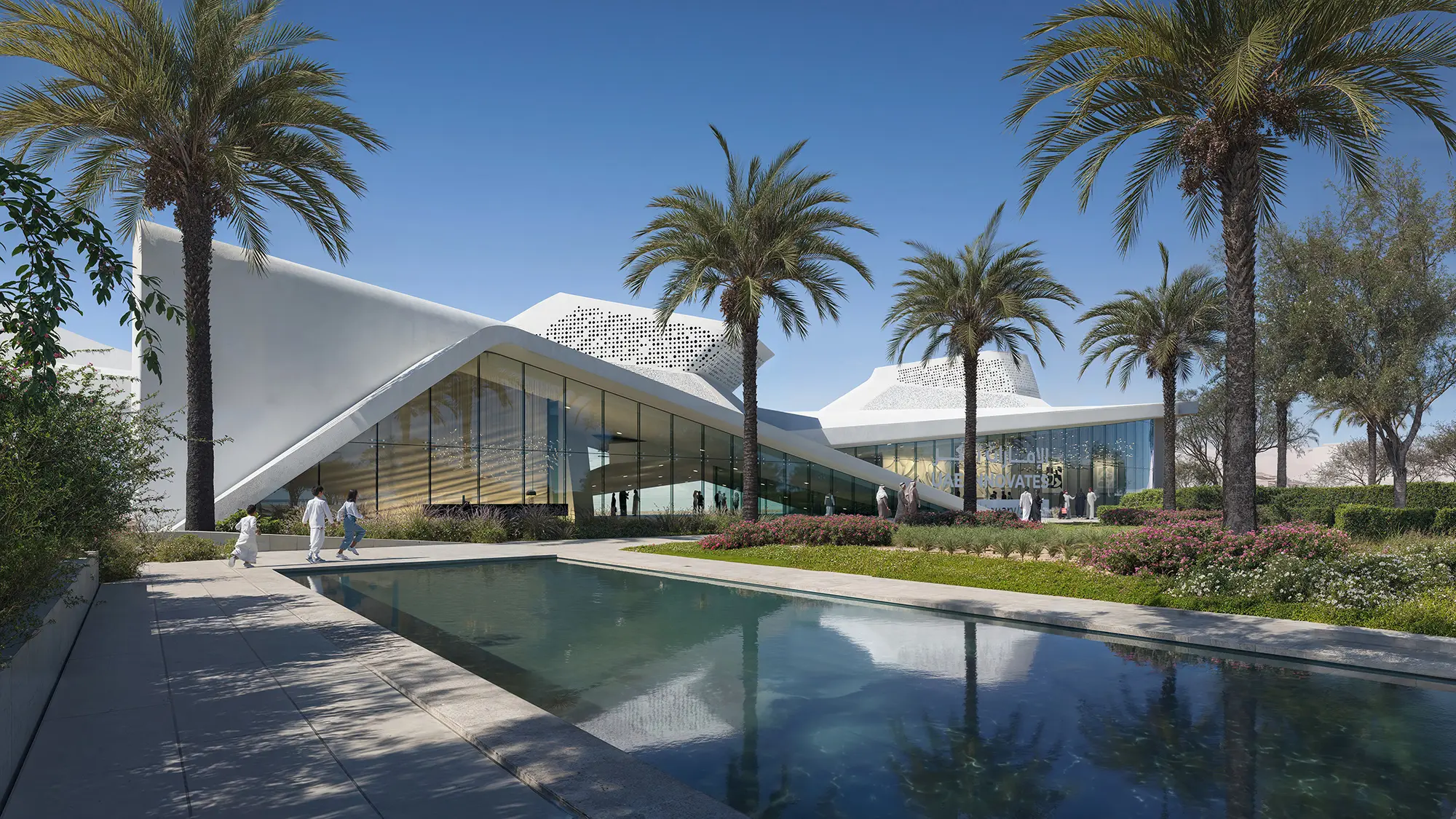 Daytime 3D visualization of a modern innovation center in the UAE surrounded by palm trees by Render Vision
