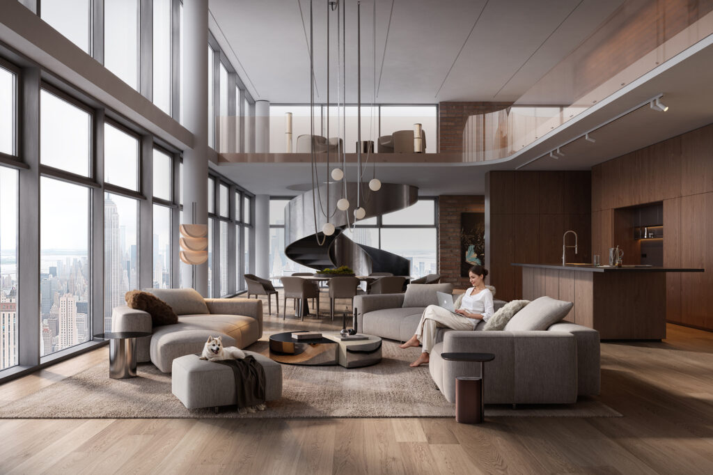 Luxurious Manhattan apartment interior with panoramic city view and spiral staircase, 3D visualization by Render Vision