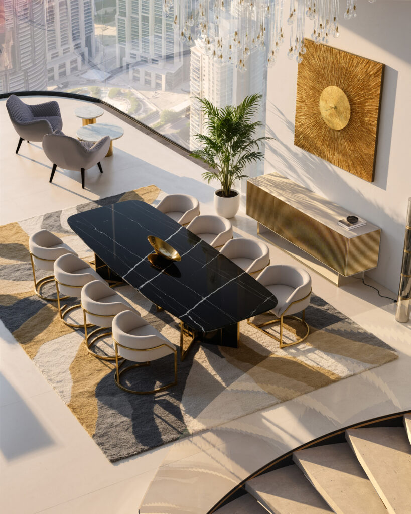 High-end penthouse dining room 3D rendering Dubai with marble table and skyline view