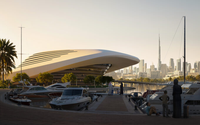 Dubai marina yacht club architectural 3D rendering with yachts and skyline