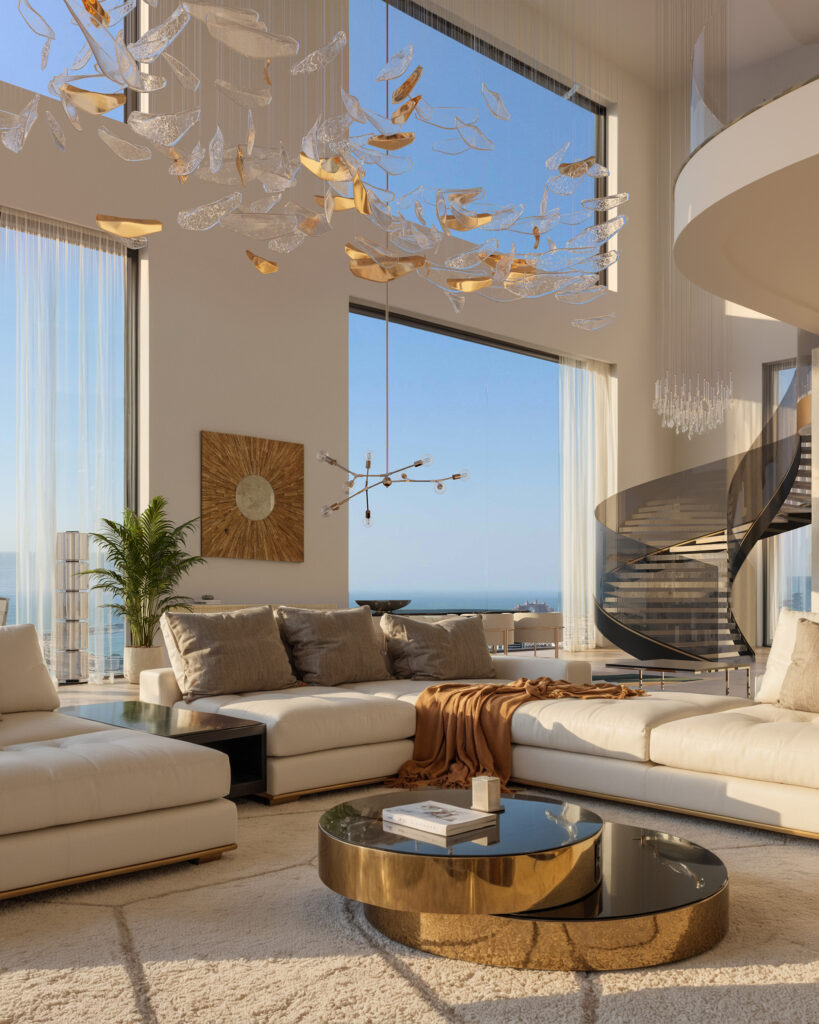 Photorealistic interior 3D rendering of luxury Dubai penthouse living room with sculptural chandelier