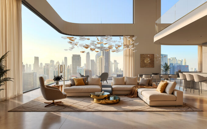 Luxury penthouse interior 3D rendering Dubai with panoramic skyline view and modern living room design