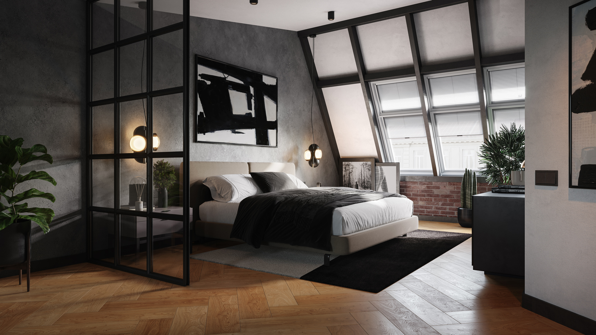 Contemporary bedroom with glass partition walls, a bed, dark furnishings, and modern interior design.