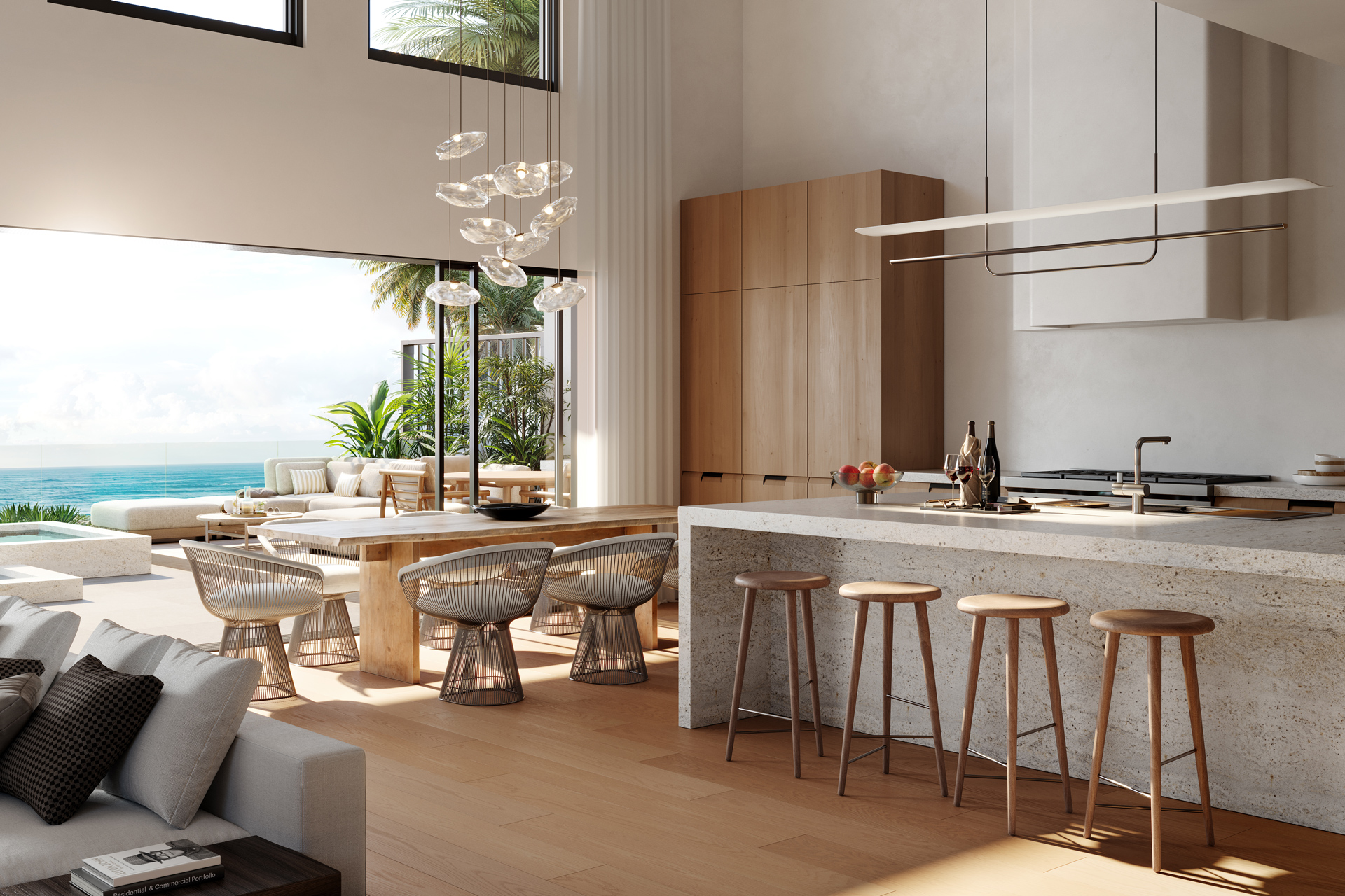 Photorealistic kitchen 3D rendering of a contemporary open-plan interior with natural wood accents