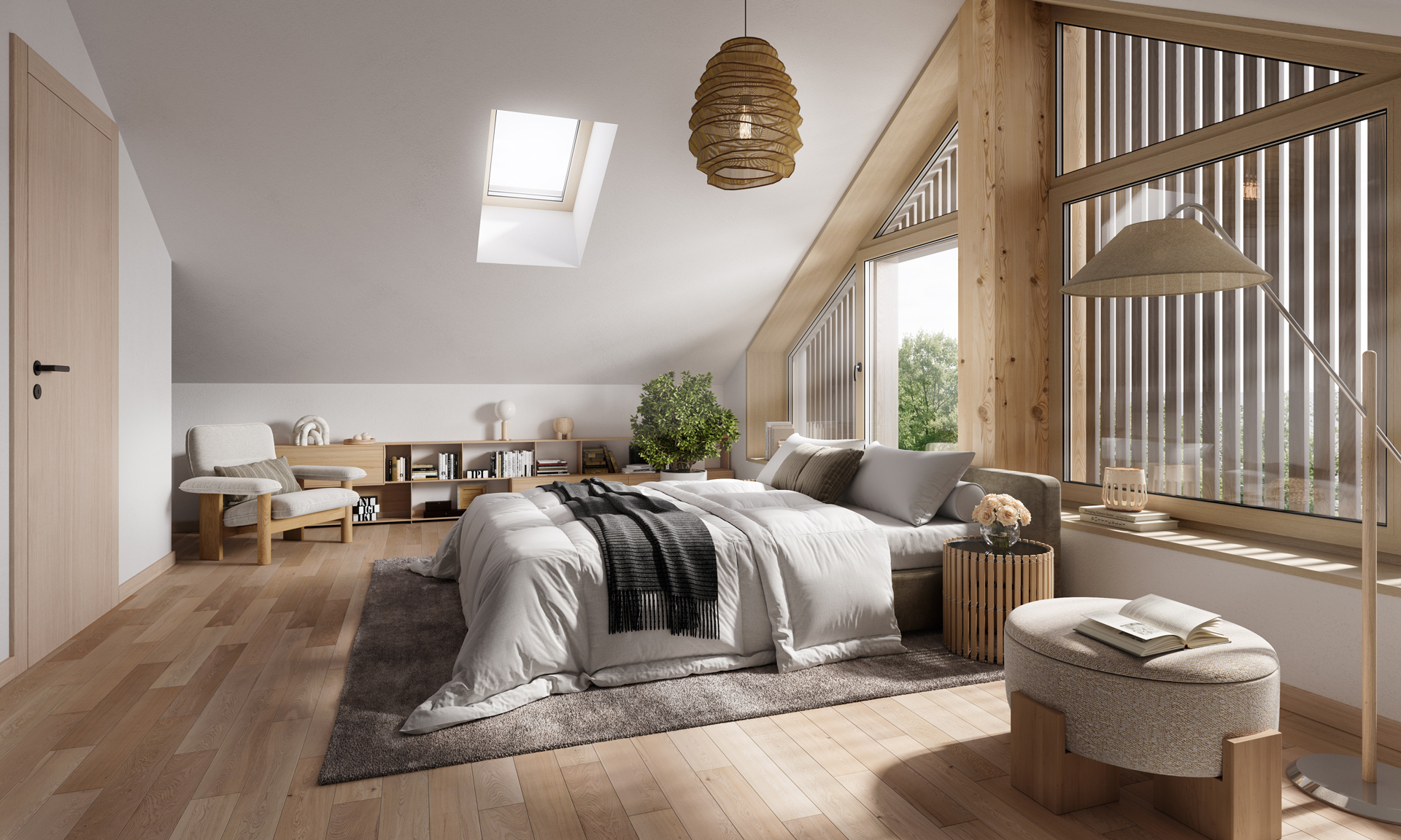 Luxury modern bedroom with a comfortable bed, wood flooring, contemporary furniture, and warm interior lighting.