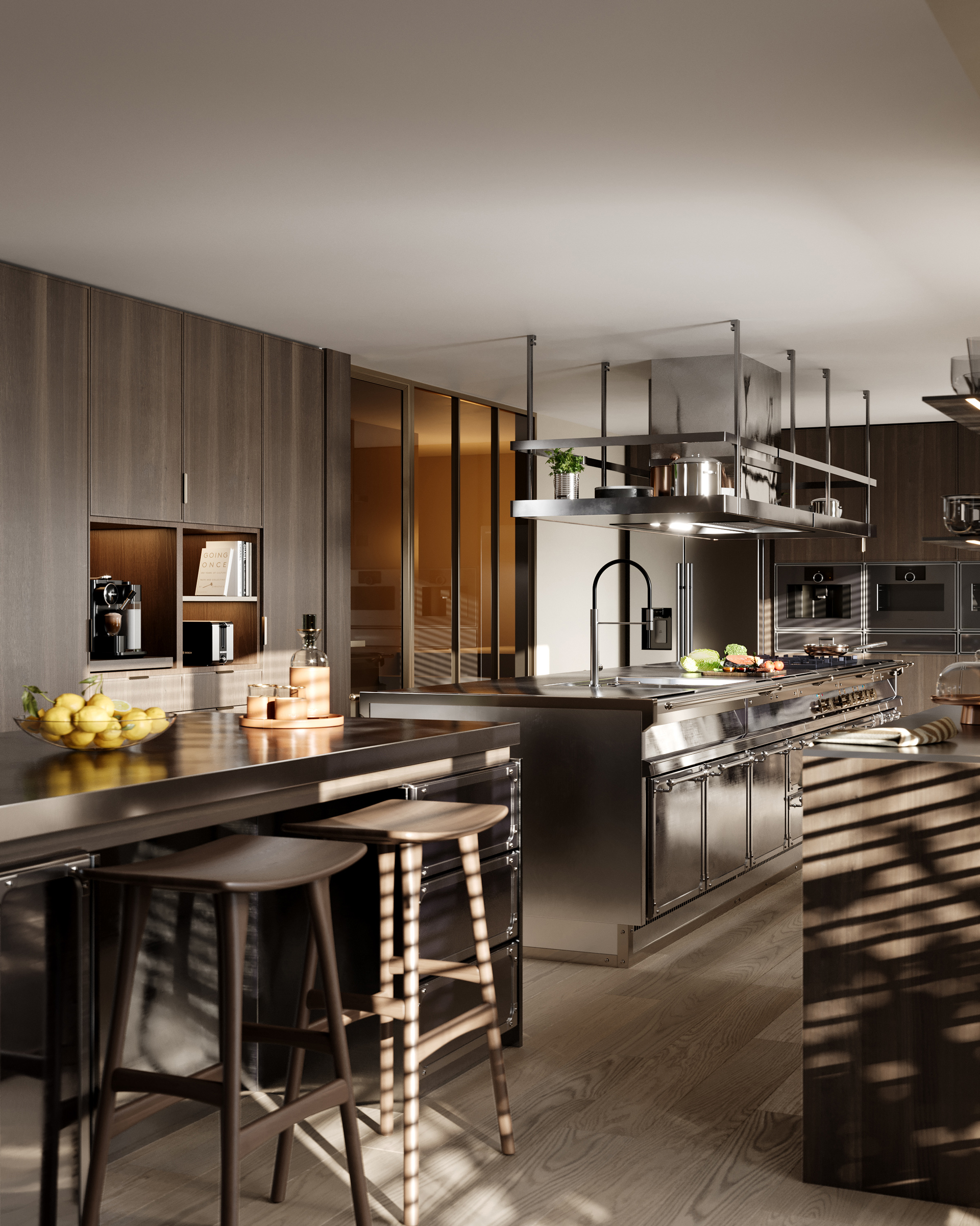 Luxury kitchen 3D rendering with dark cabinetry, marble island, and photorealistic interior details