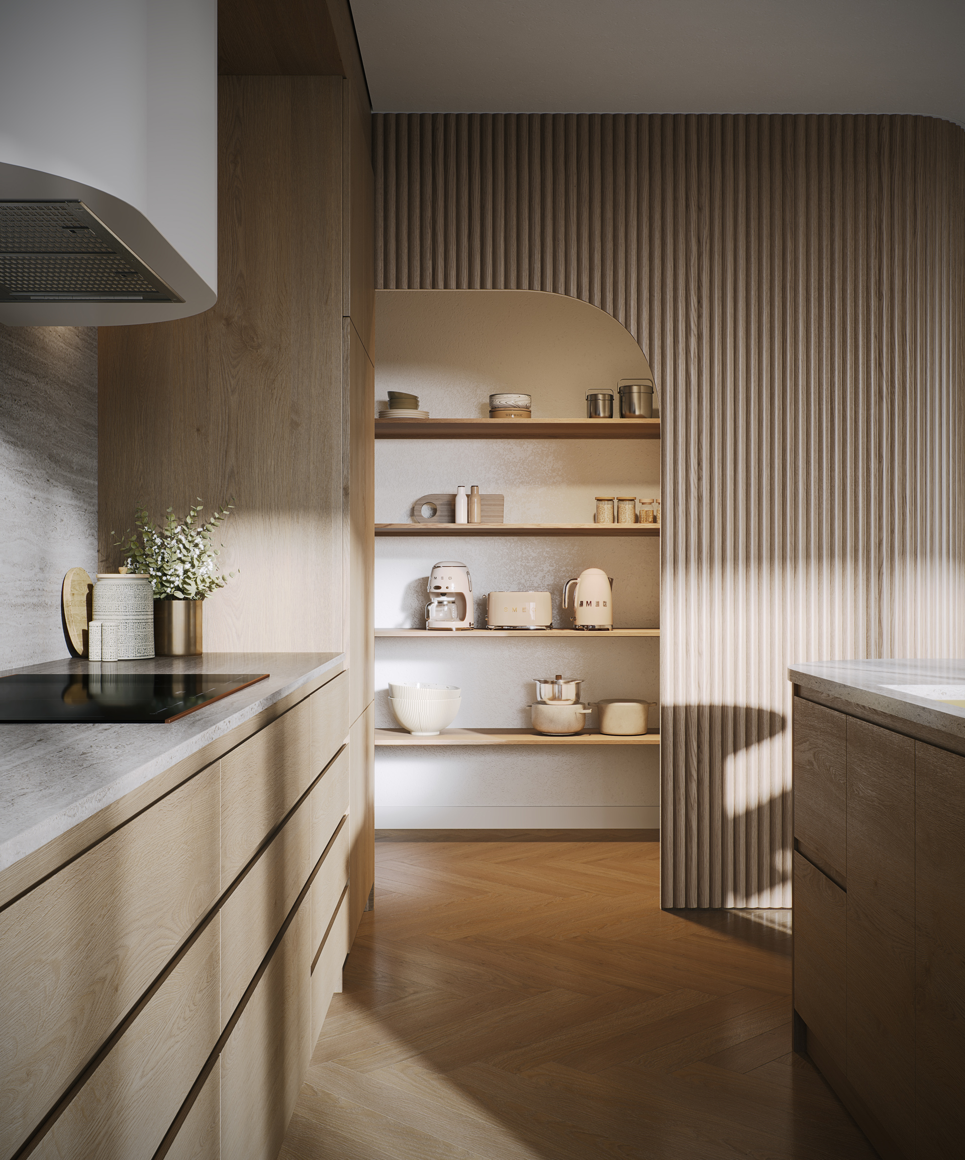Photorealistic 3D rendering of an elegant kitchen with warm wood cabinetry and modern finishes