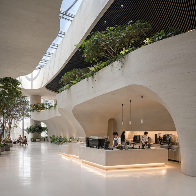 AI-generated visualization of a luxurious modern interior with sculptural ceilings, expansive glazing, natural materials, and sophisticated architecture.