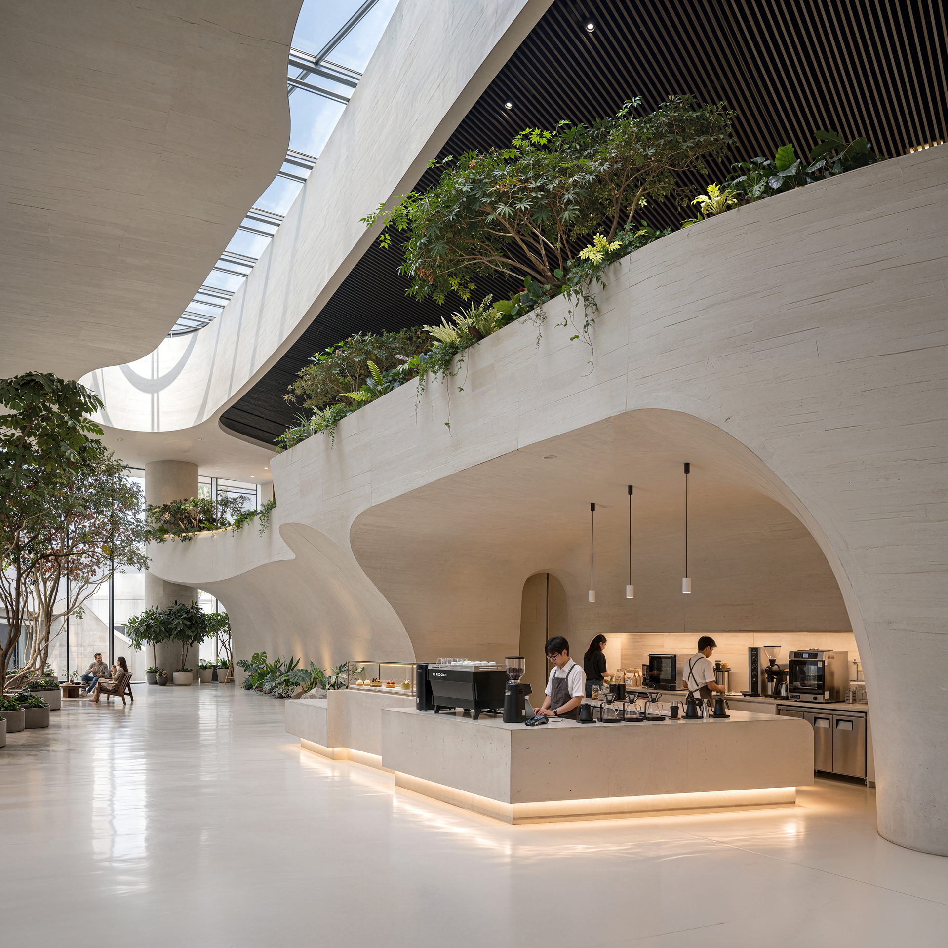 AI-generated visualization of a luxurious modern interior with sculptural ceilings, expansive glazing, natural materials, and sophisticated architecture.