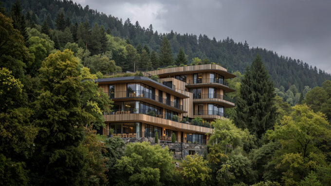 Generated imagery of a luxury mountain retreat integrated into a dense forest landscape with contemporary architecture and panoramic views.