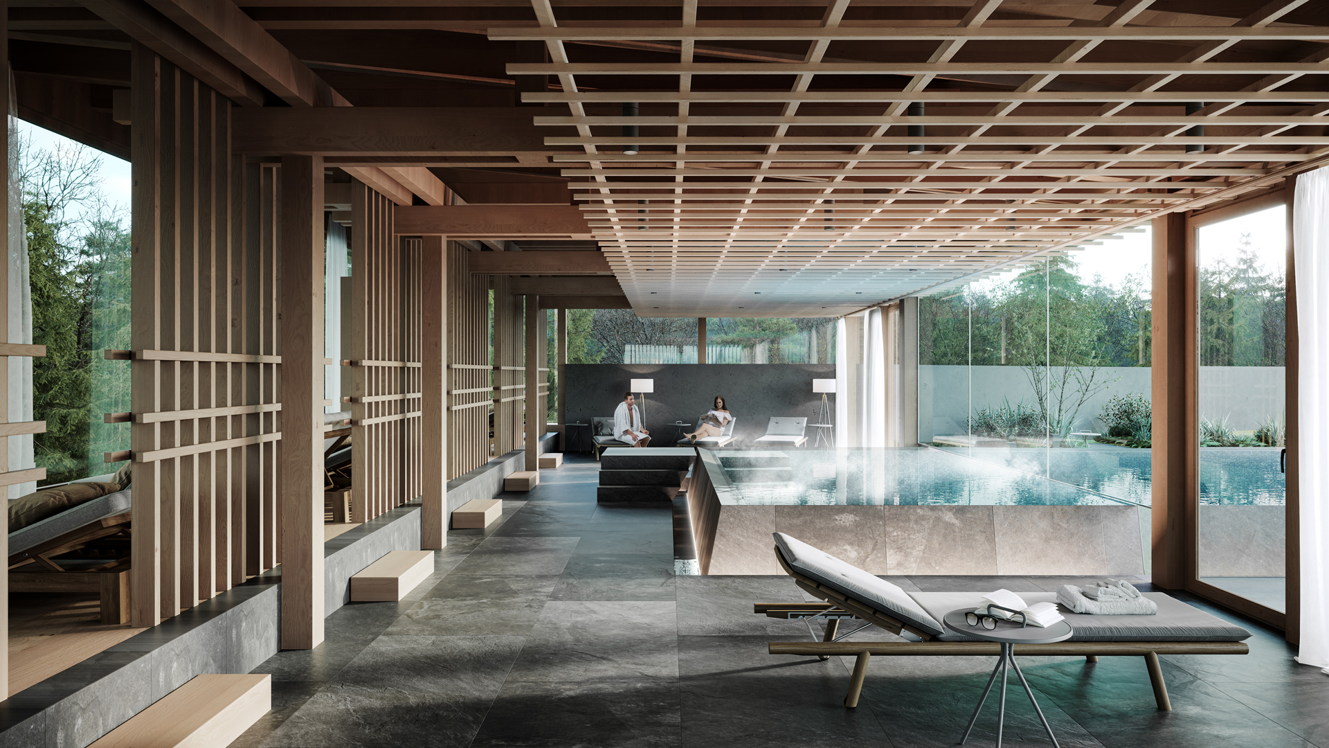 Photorealistic rendering of a contemporary luxury villa with a swimming pool, covered terrace, and sophisticated outdoor architecture.