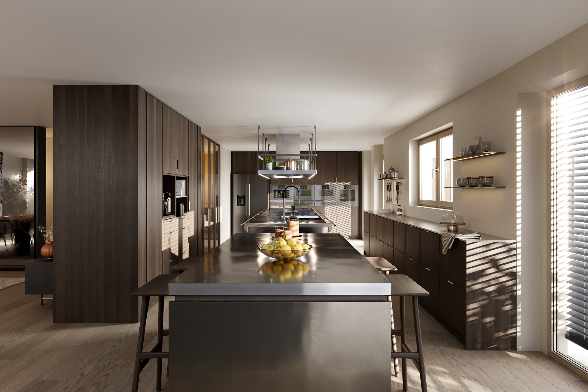 Minimalist kitchen 3D rendering featuring sleek dark cabinets and a photorealistic modern interior