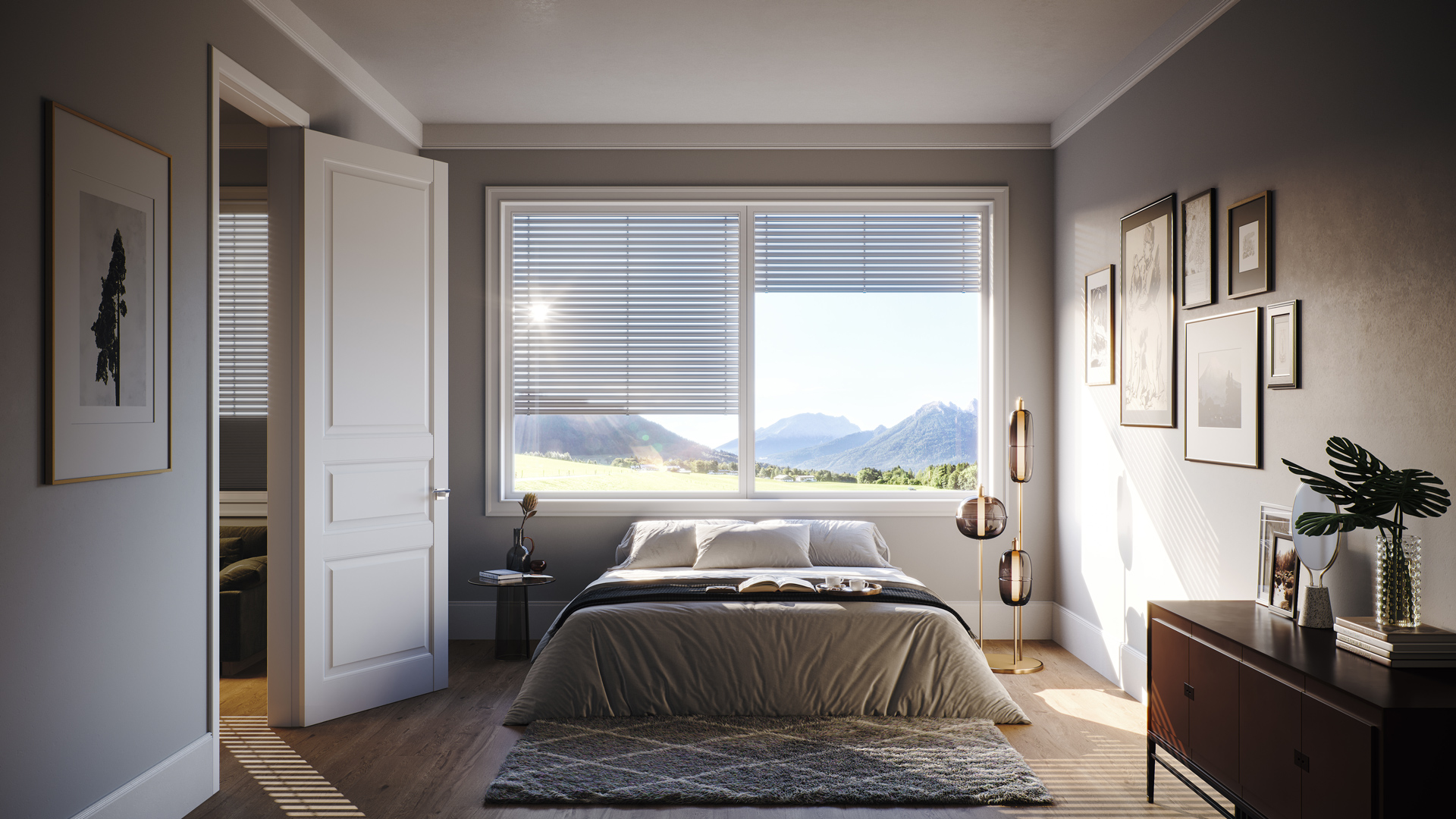 Modern bedroom interior with a bed, large windows, natural light, and contemporary furniture.