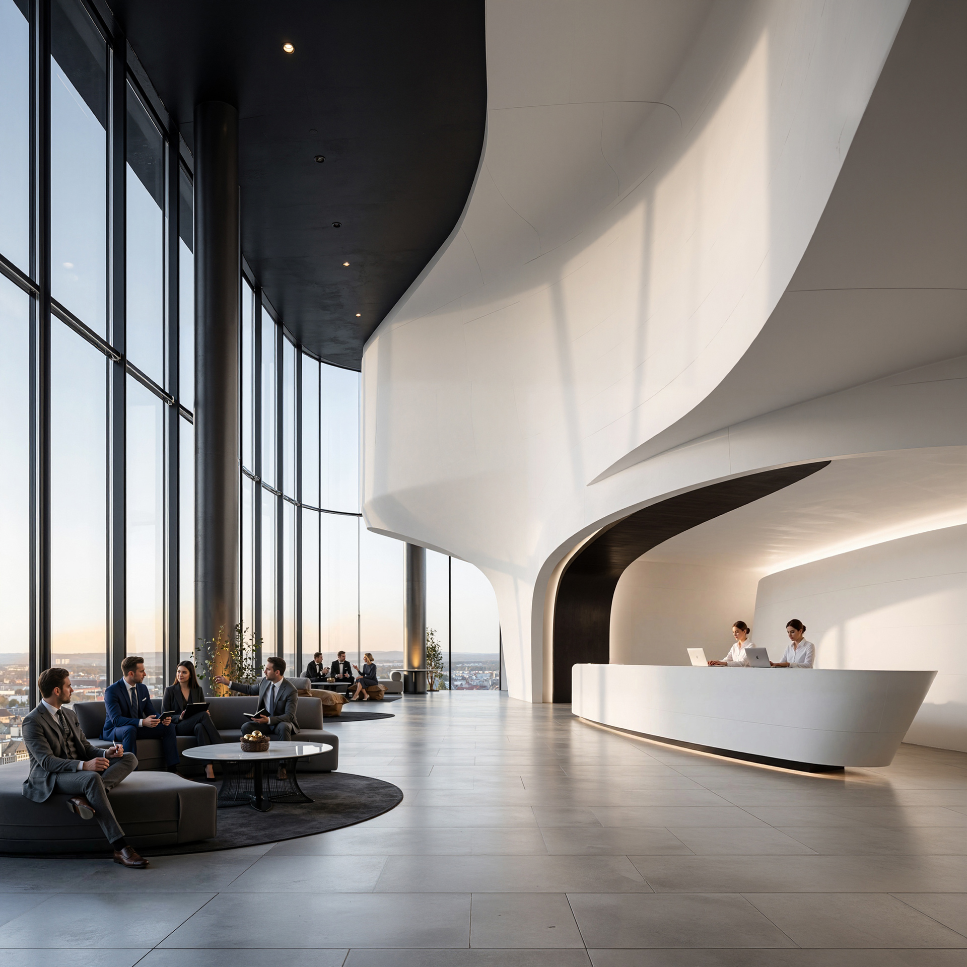 Architectural visualization of a modern interior with curved architecture, floor-to-ceiling windows, and minimalist furnishings.