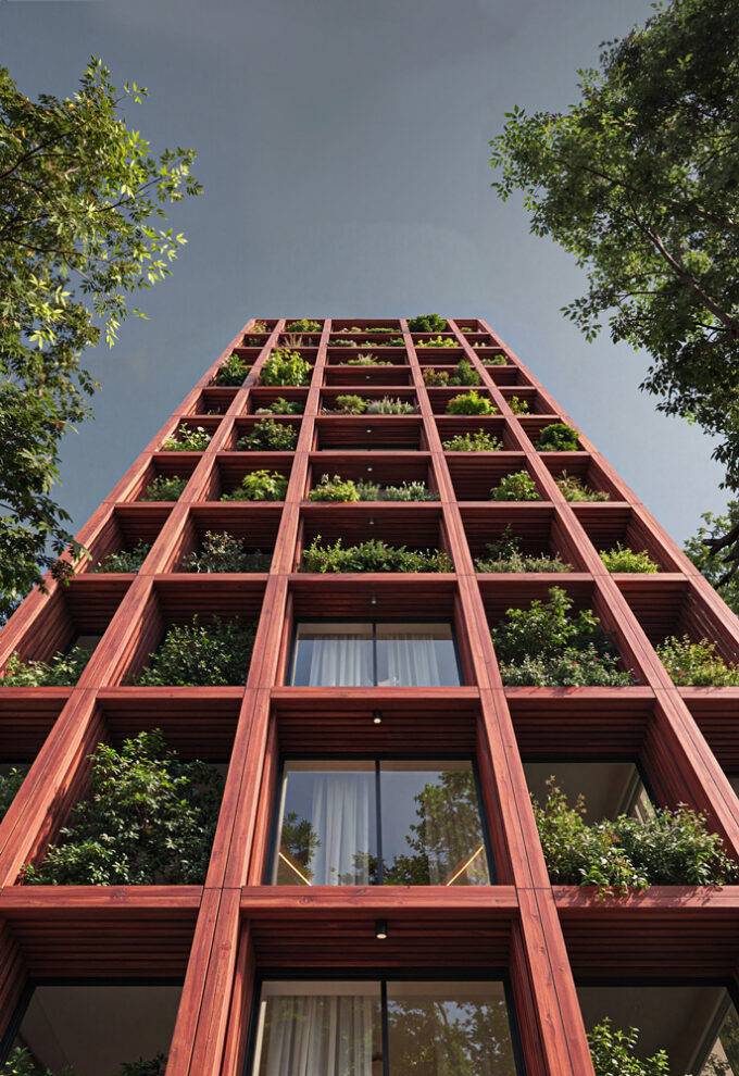 Photorealistic architectural rendering of a modern high-rise building with distinctive structural geometry and contemporary facade design.