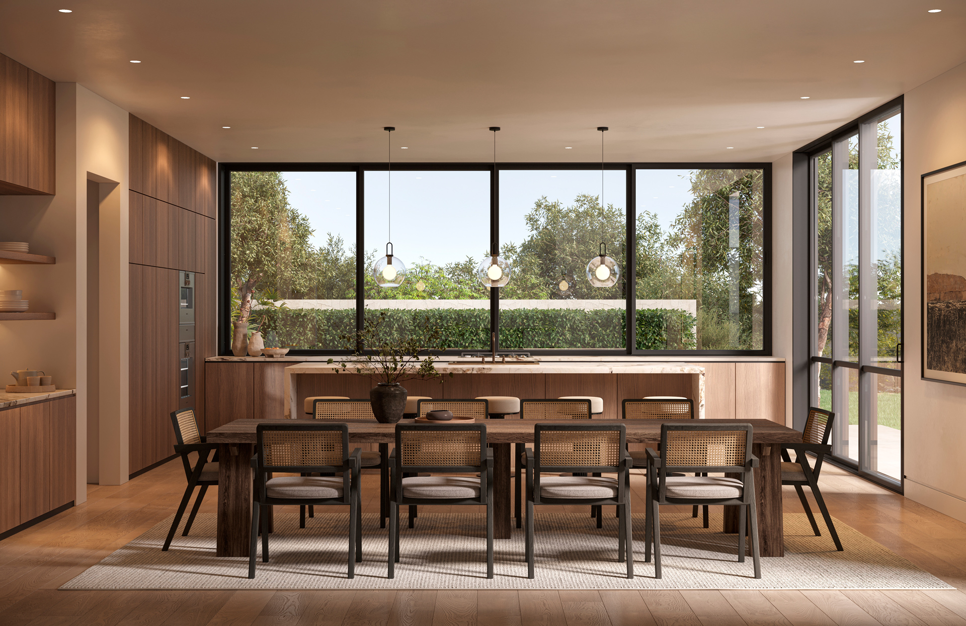 Modern kitchen 3D rendering with a dining area, wood finishes, large windows, and photorealistic details