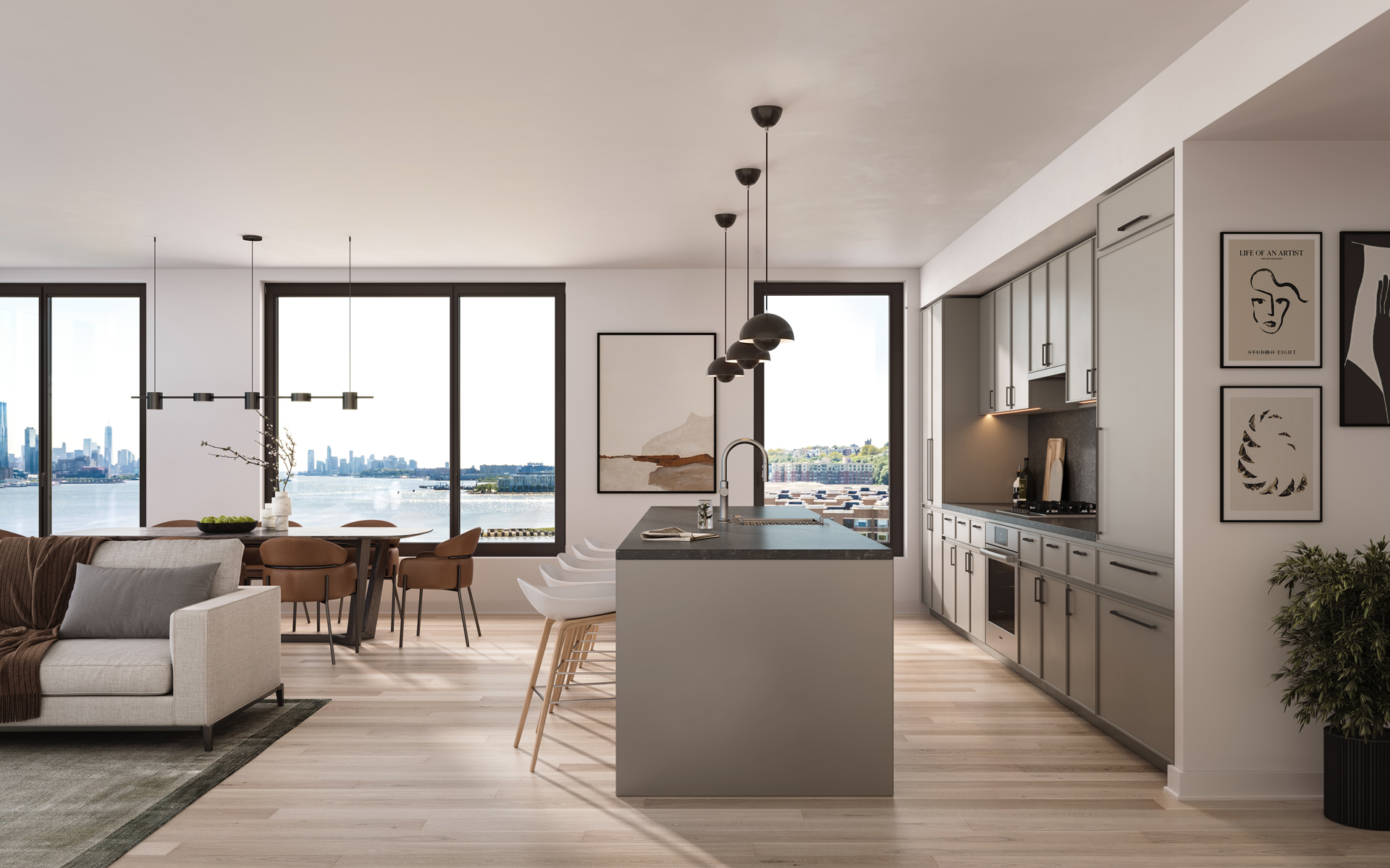 Photorealistic kitchen 3D rendering of a modern open-plan living space with neutral furnishings and large windows
