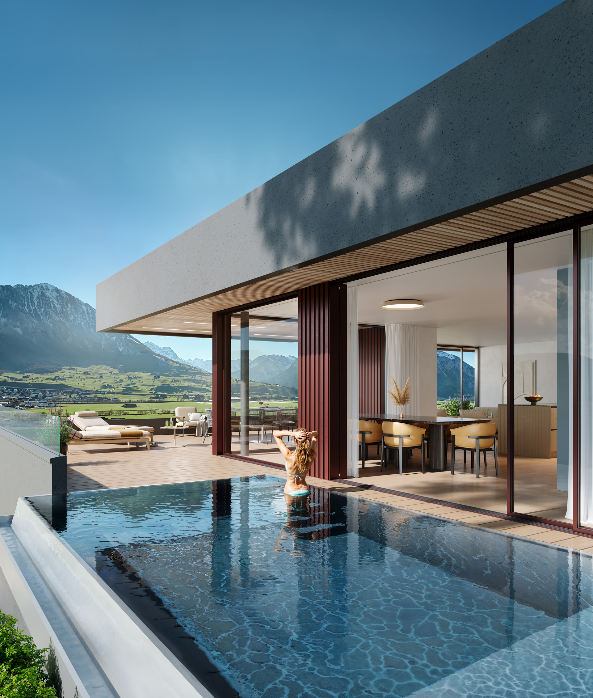 Photorealistic architectural rendering of a modern luxury villa with a swimming pool, large glass openings, and a minimalist facade.