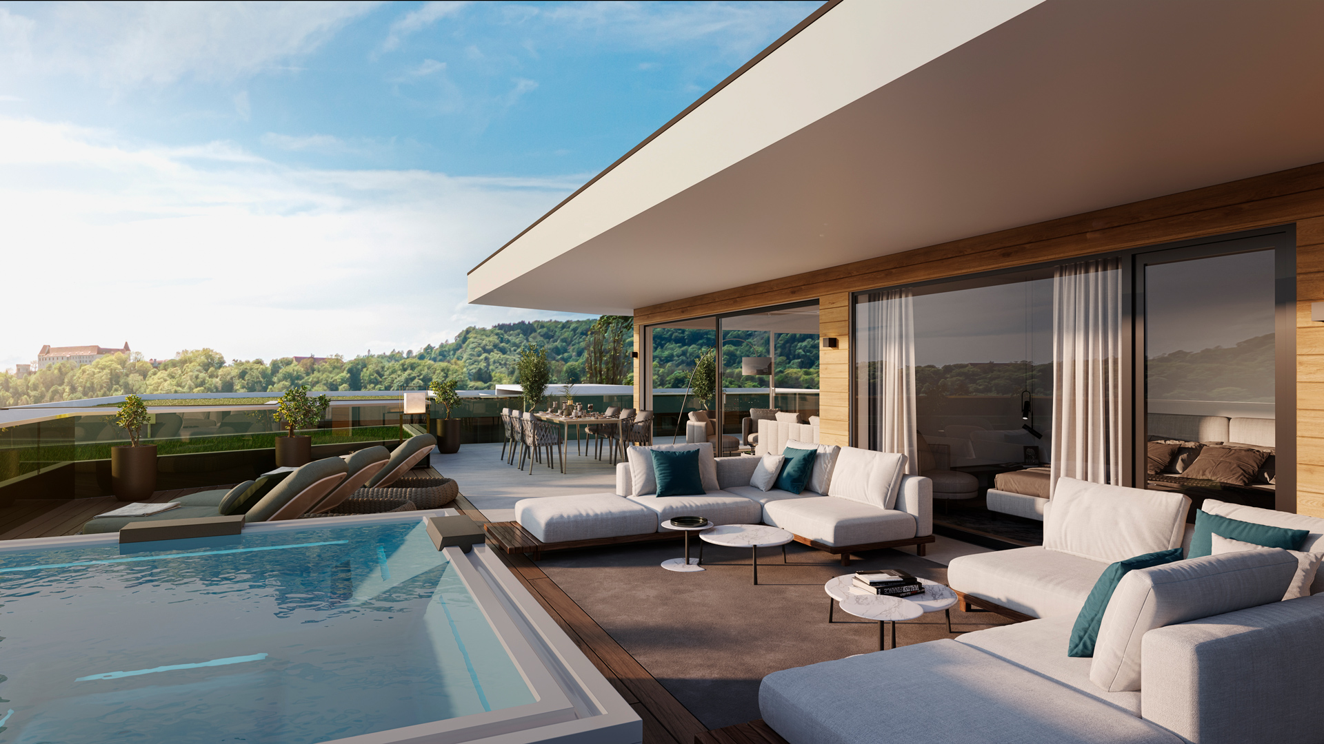 Photorealistic architectural rendering of a modern villa terrace with a swimming pool, outdoor lounge, and panoramic views.