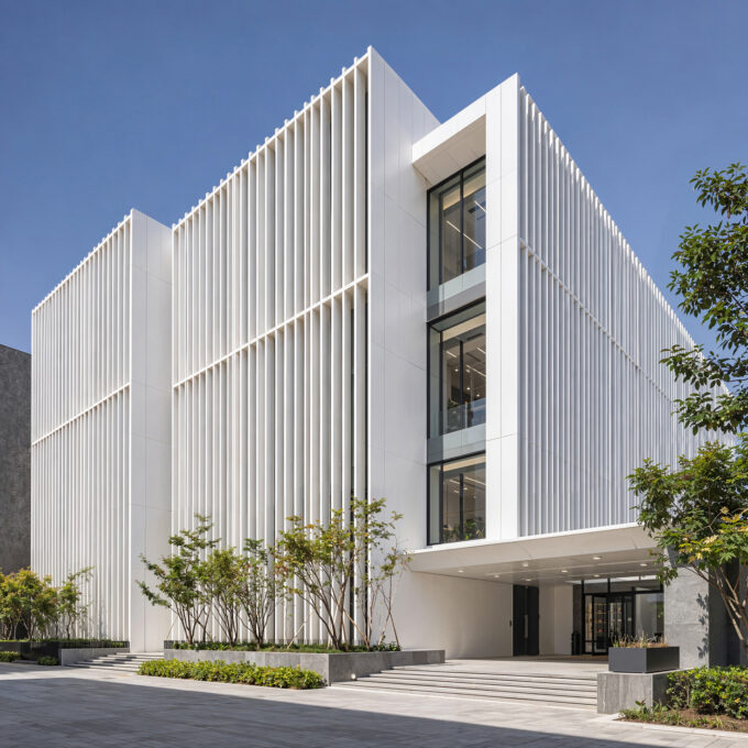 AI-generated imagery of a contemporary white architectural building with vertical facade elements, landscaped surroundings, and clear blue skies.