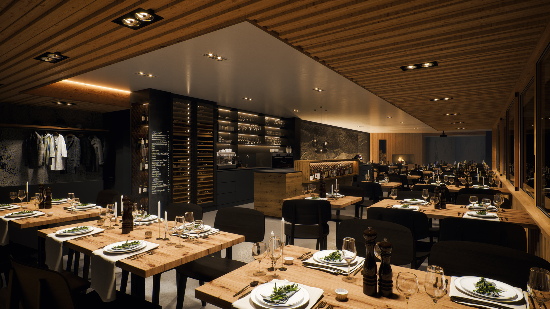 Photorealistic restaurant bar rendering featuring a sophisticated dark interior, illuminated bar shelving, and contemporary dining furniture.