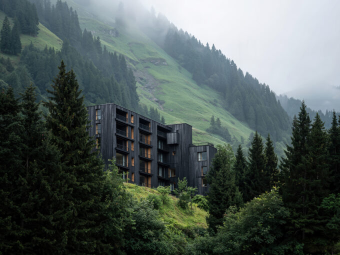 Photorealistic architectural visualization of a contemporary building nestled within a mountain forest, featuring natural materials and modern design.