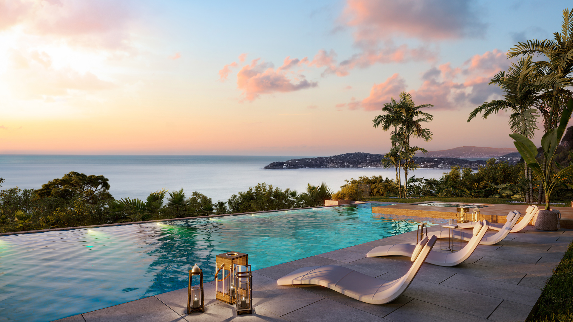 Photorealistic rendering of a luxury villa featuring an infinity swimming pool overlooking a scenic landscape at sunset.