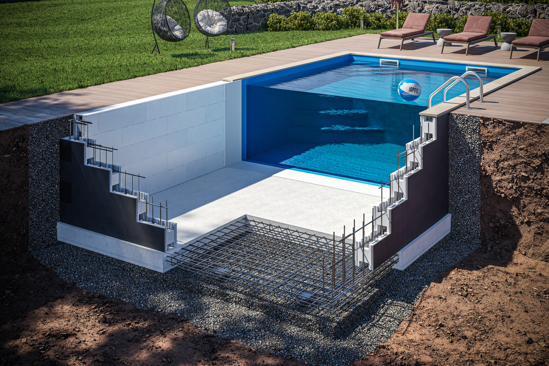 Photorealistic architectural rendering of a modern swimming Photorealistic architectural rendering showing a cross-section of a modern swimming pool, revealing the pool structure, surrounding ground, water basin, and construction details.