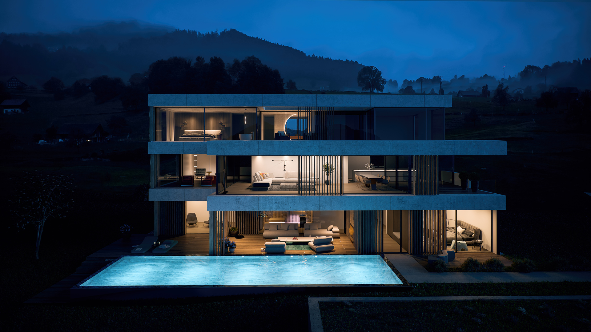 Photorealistic architectural rendering of a modern luxury villa with a swimming pool illuminated at night.