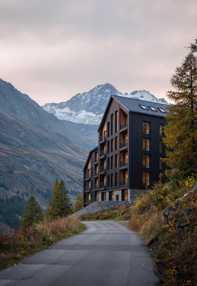 Photorealistic AI visualization of contemporary mountain architecture surrounded by dramatic alpine scenery and a natural landscape.