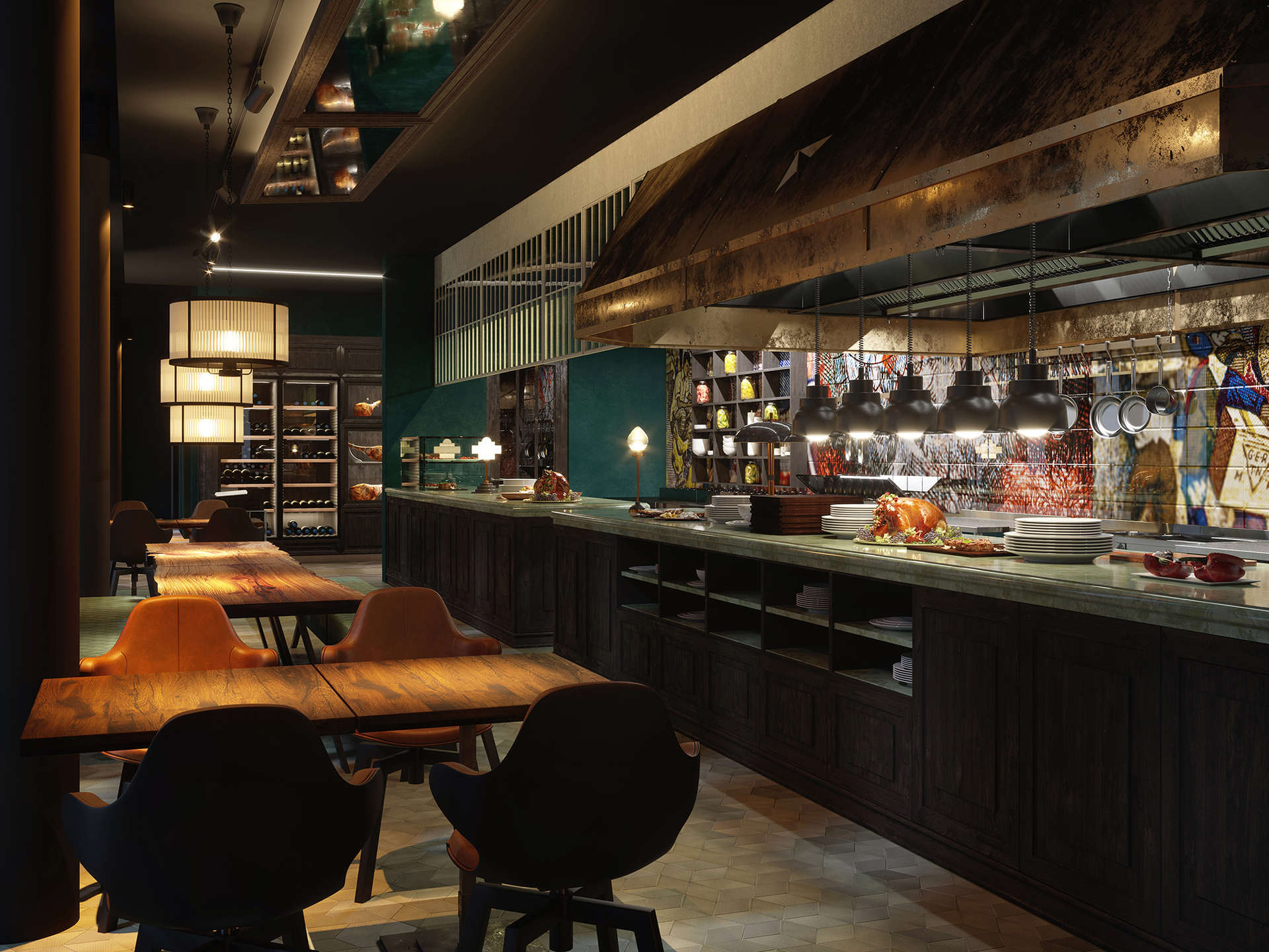Photorealistic restaurant bar rendering featuring a sophisticated dark interior, illuminated bar shelving, and contemporary dining furniture