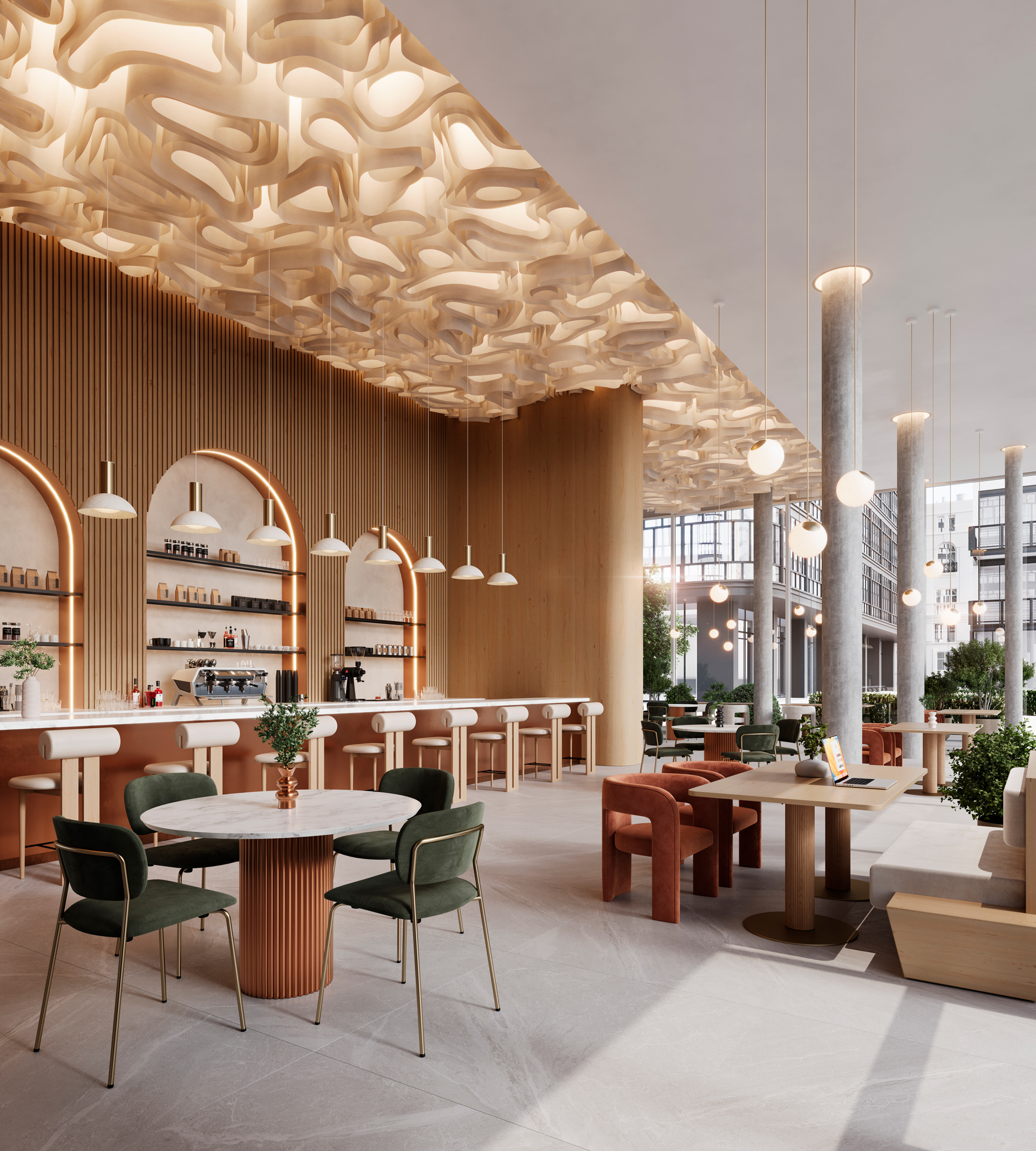 Photorealistic restaurant concept rendering showing an elegant upscale dining interior with sculptural ceiling details and contemporary furniture.