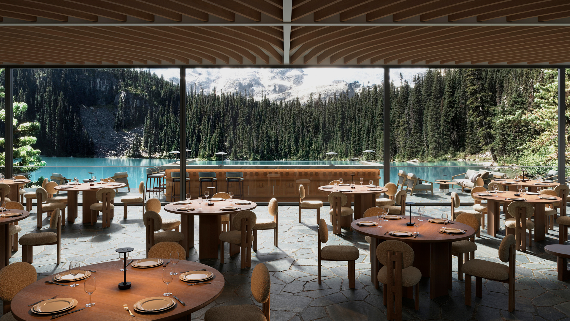 Photorealistic restaurant concept rendering showing a spacious industrial dining area with exposed ceilings, tables, and contemporary seating.