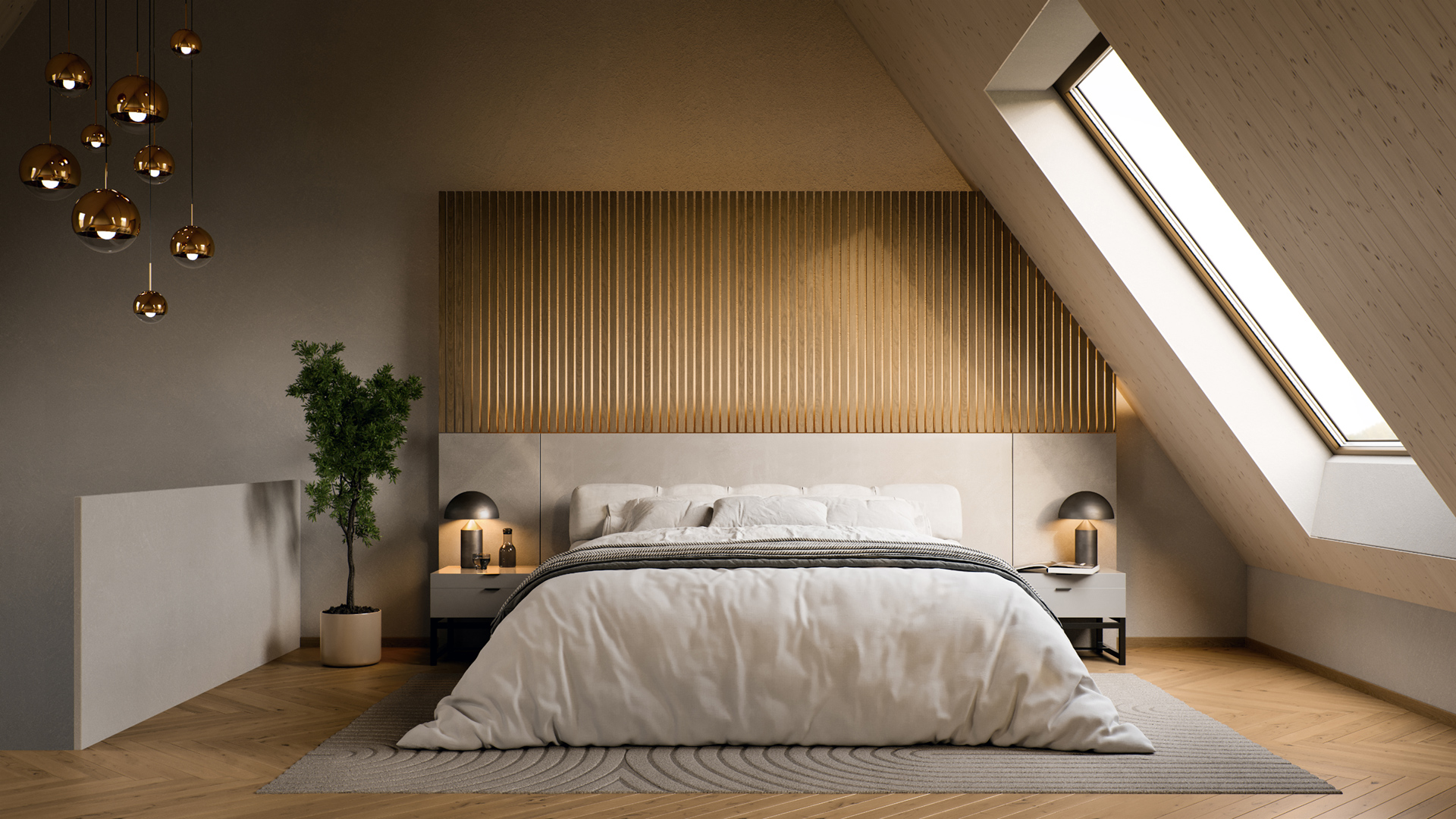 Warm modern bedroom with a comfortable bed, wood wall paneling, skylight, and cozy interior design.