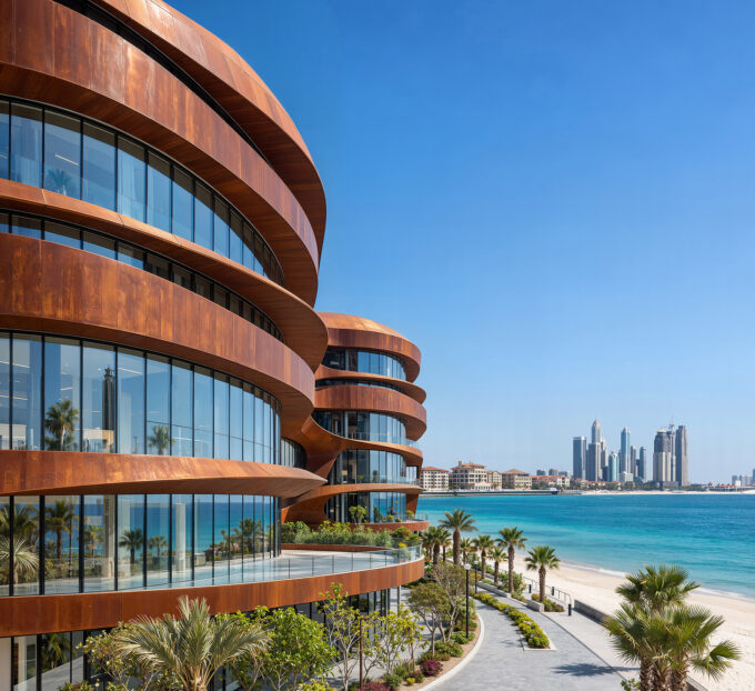 AI architecture rendering of a contemporary office building with curved glass facades, landscaped terraces, and modern urban architecture.