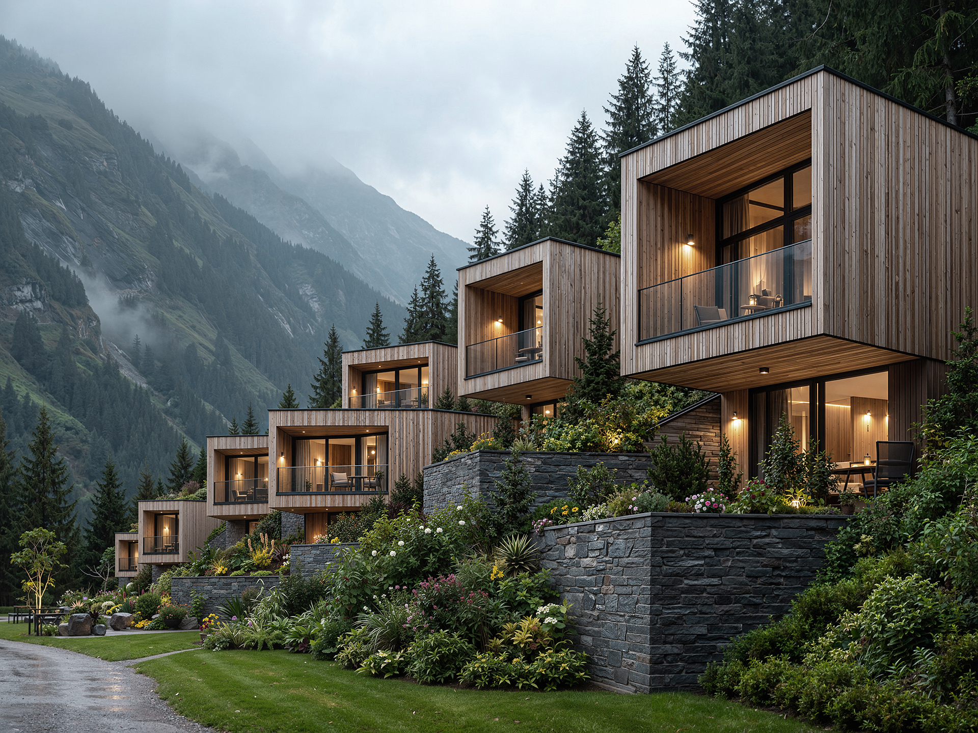 AI photorealistic visualization of luxury mountain residences with modern architecture, warm lighting, terraces, and a dramatic alpine landscape.
