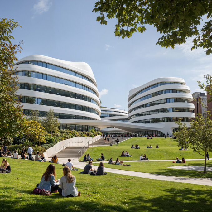 Photorealistic AI architectural visualization of a modern campus with curved office buildings, landscaped gardens, and contemporary architecture.