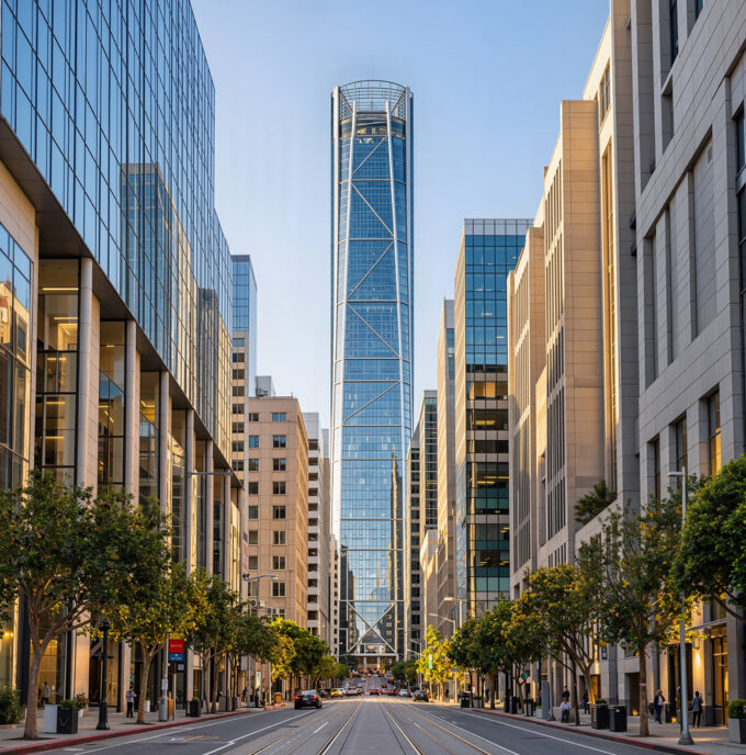 AI photorealistic visualization of modern high-rise architecture with a glazed office tower, urban street, and contemporary commercial buildings.