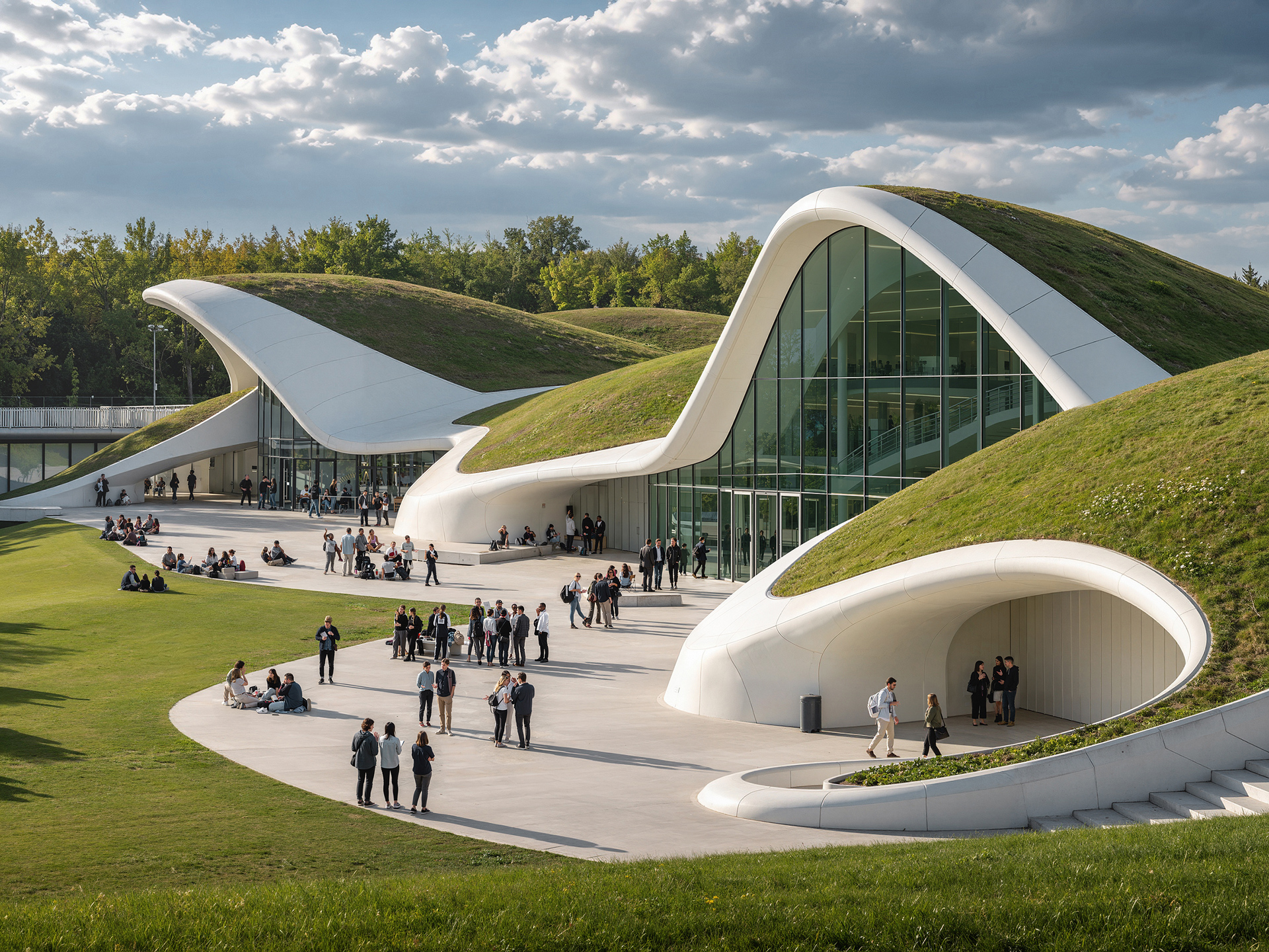 AI ArchViz of an organic modern architectural complex with sculptural curved forms, landscaped surroundings, and contemporary design.